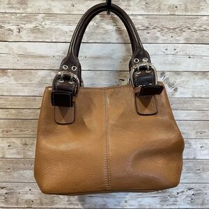 Tignanello Tan Leather Handbag Double Handle Purse Silver Buckles Magnetic Close